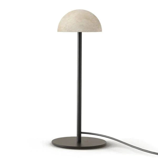 Marble dome table lamp on a slim stem, travertine dome on a black stem