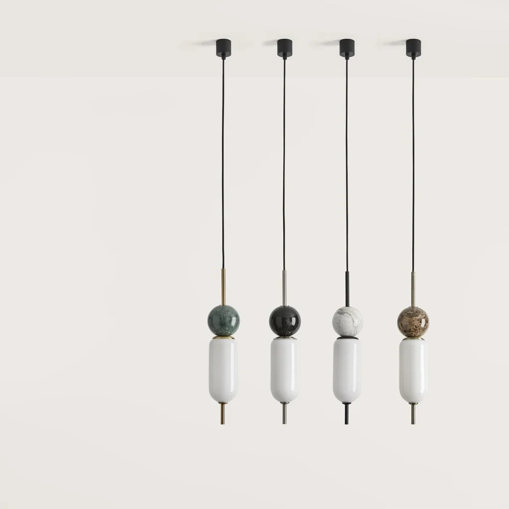 Marble and opal glass capsule pendant, four marble colours in a row