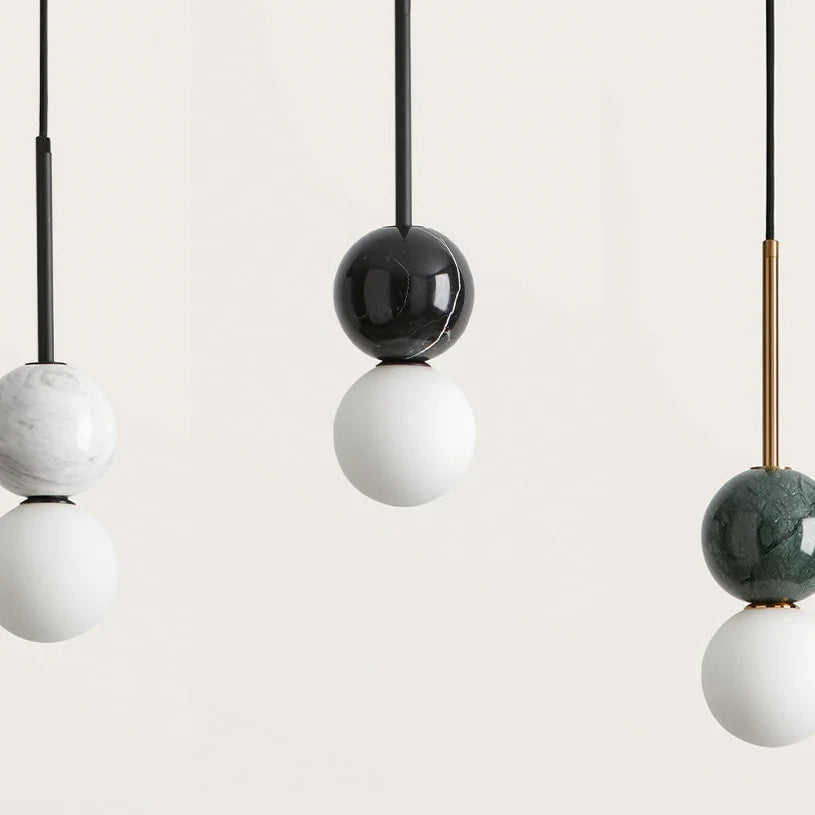 Marble and opal glass globe pendant, close-up of marble and glass