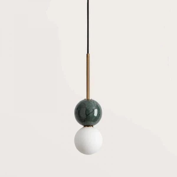 Marble and opal glass globe pendant, with green marble and aged gold stem