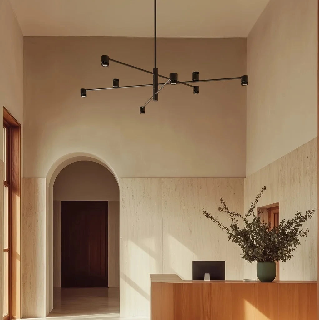 Black marble spot LED chandelier, in a tall entrance hall