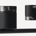 Black marble spot LED chandelier, close-up of the knurled heads with black marble