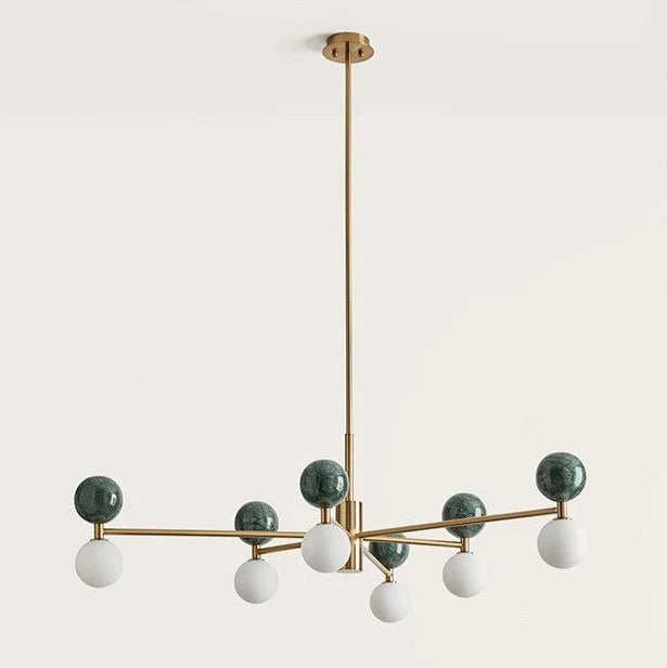 Marble sphere LED chandelier, with green marble and aged gold frame