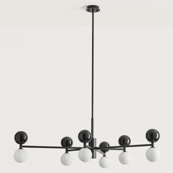 Marble sphere LED chandelier, with black marble and matte black frame