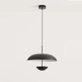 Matt black dome pendant with hanging diffuser disc, on a plain background