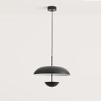 Matt black dome pendant with hanging diffuser disc, on a plain background