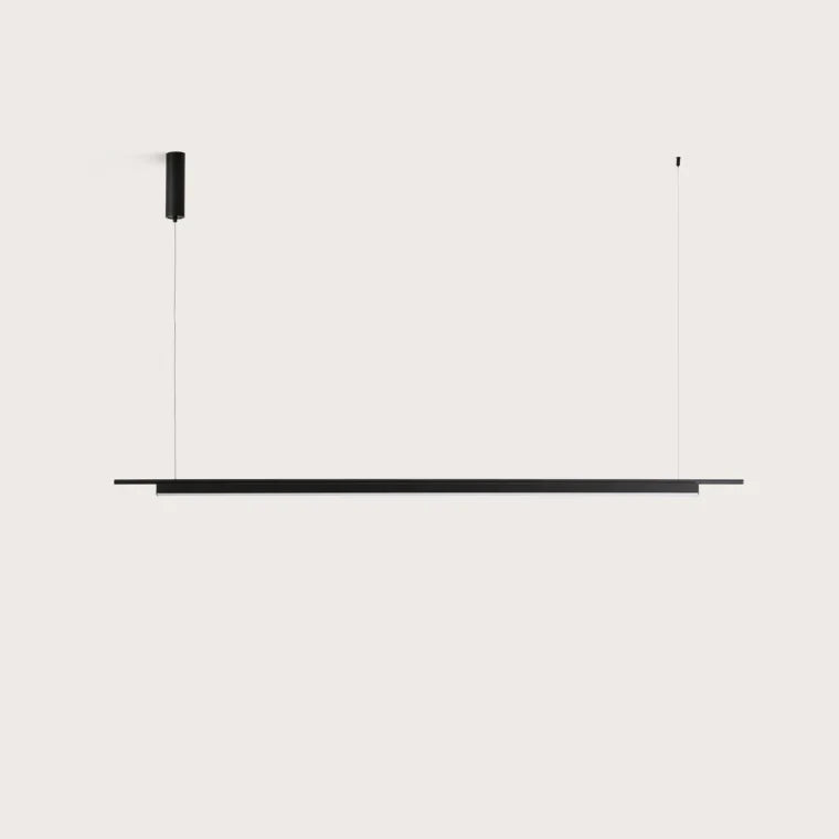 Matte black linear LED bar pendant, side view on a plain background