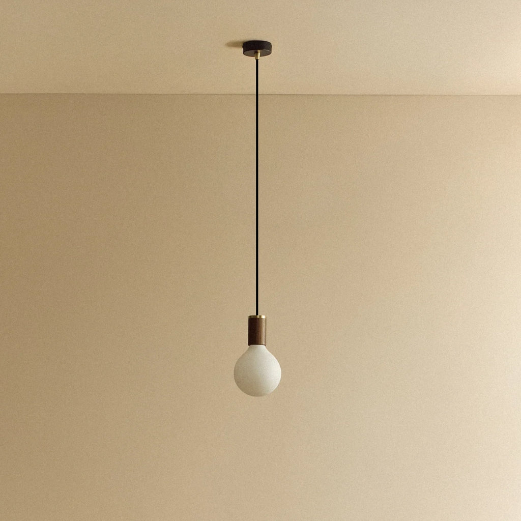 Matte white glass pendant, mouth-blown bulb, walnut, unlit
