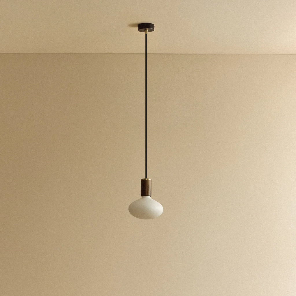 Matte white oval pendant, mouth-blown bulb, walnut, unlit