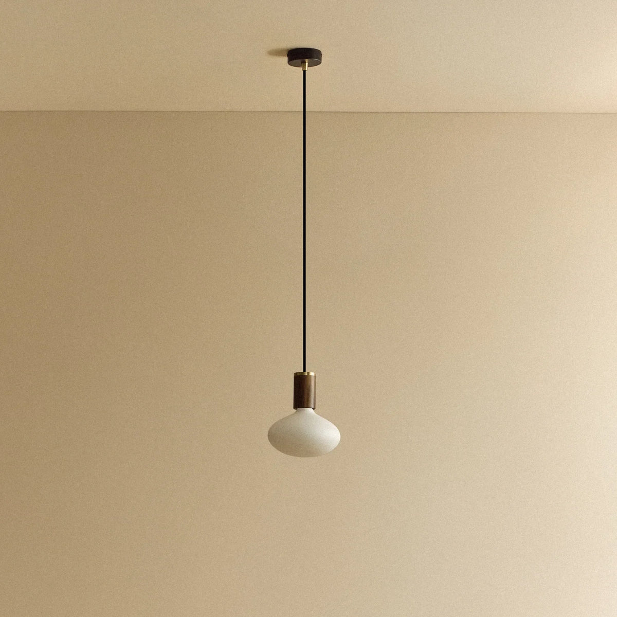 Matte white oval pendant, mouth-blown bulb, walnut, unlit