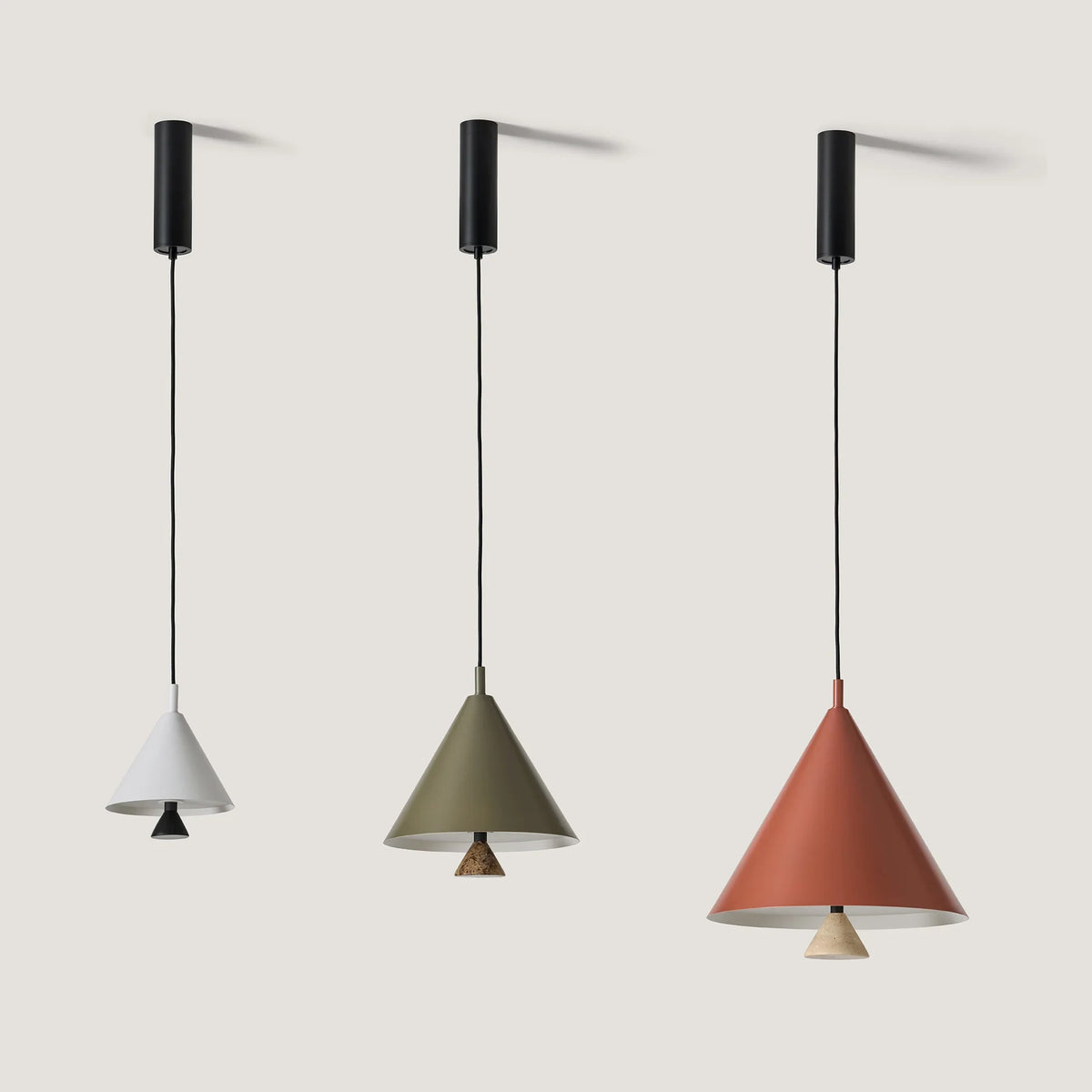 Metal cone LED pendant with marble finial, three sizes in white, green and terracotta