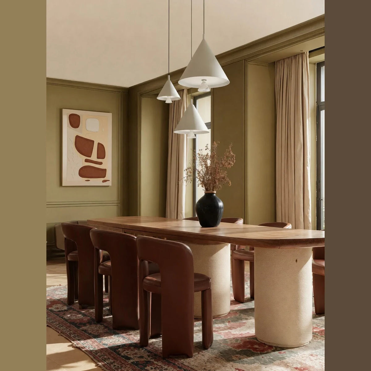 Metal cone LED pendant with marble finial, grouped above a dining table