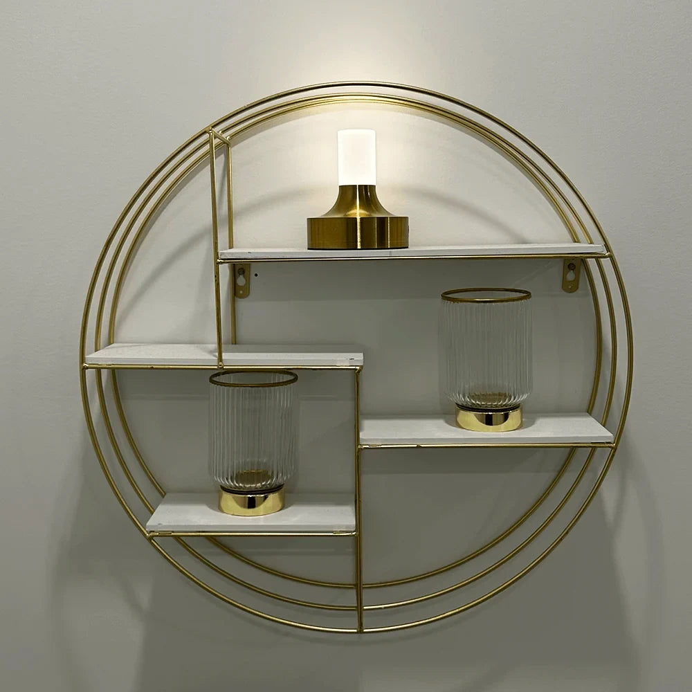 Frosted column cordless table lamp, on a round wall shelf