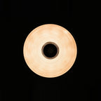 Metal dome pendant, lit, seen from below