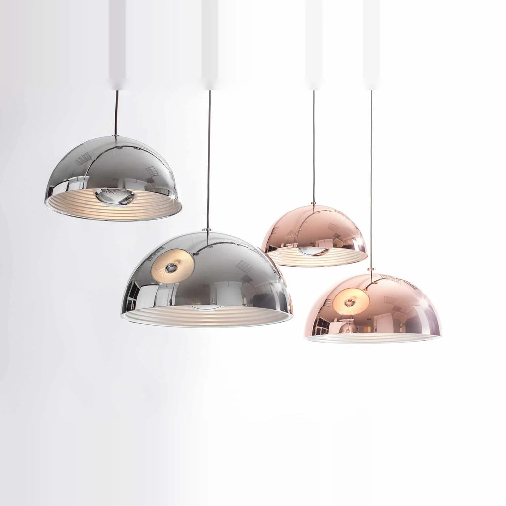 Metal dome pendant, in chrome and copper