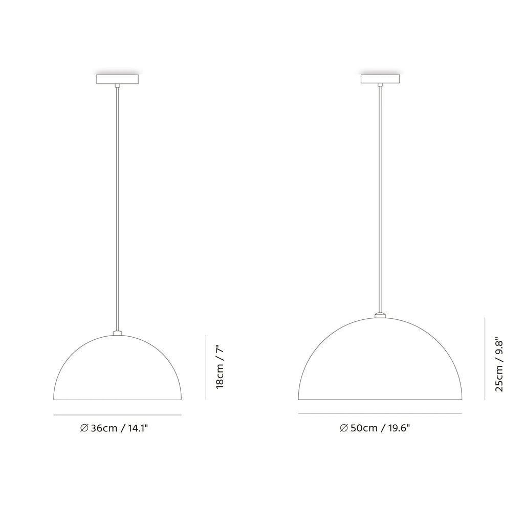 Metal dome pendant, dimension drawing of both sizes