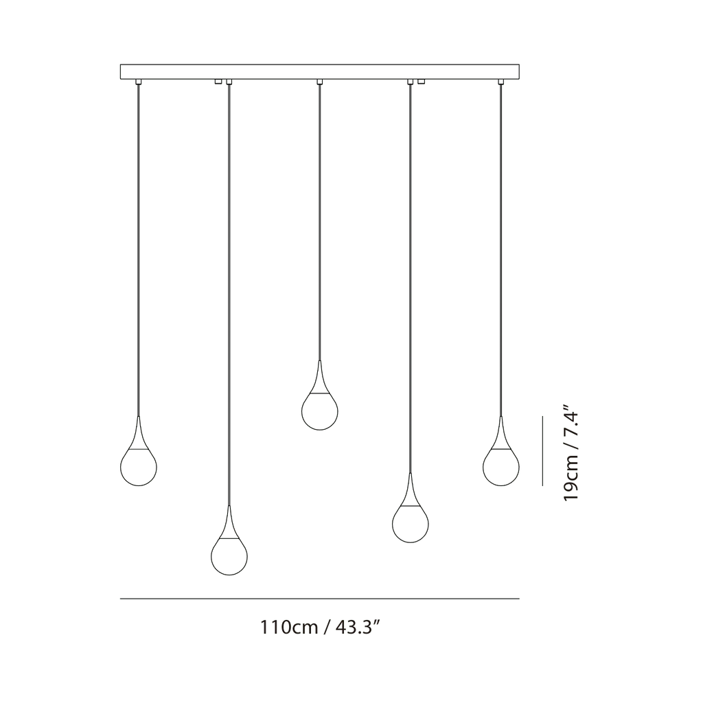 Mirrored Teardrop Five-Light Linear Pendant, dimension drawing