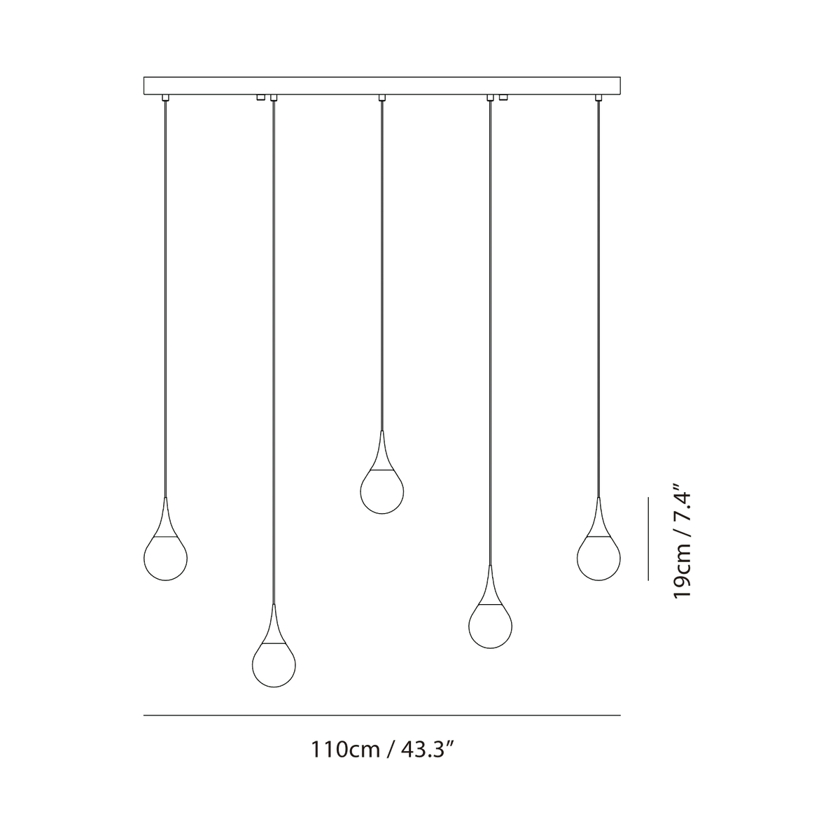 Mirrored Teardrop Five-Light Linear Pendant, dimension drawing