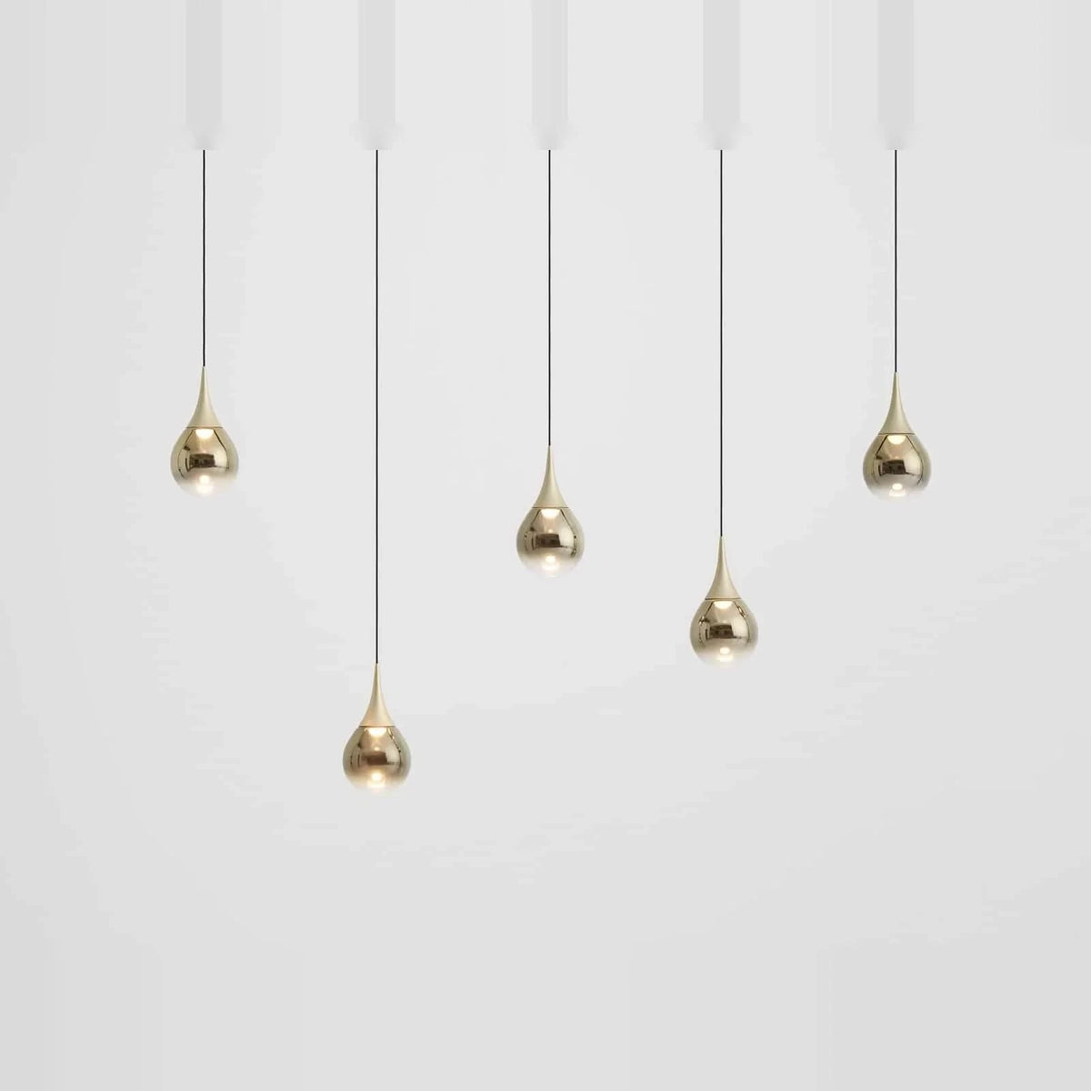 Mirrored Teardrop Five-Light Linear Pendant, in champagne gold, drops at different heights