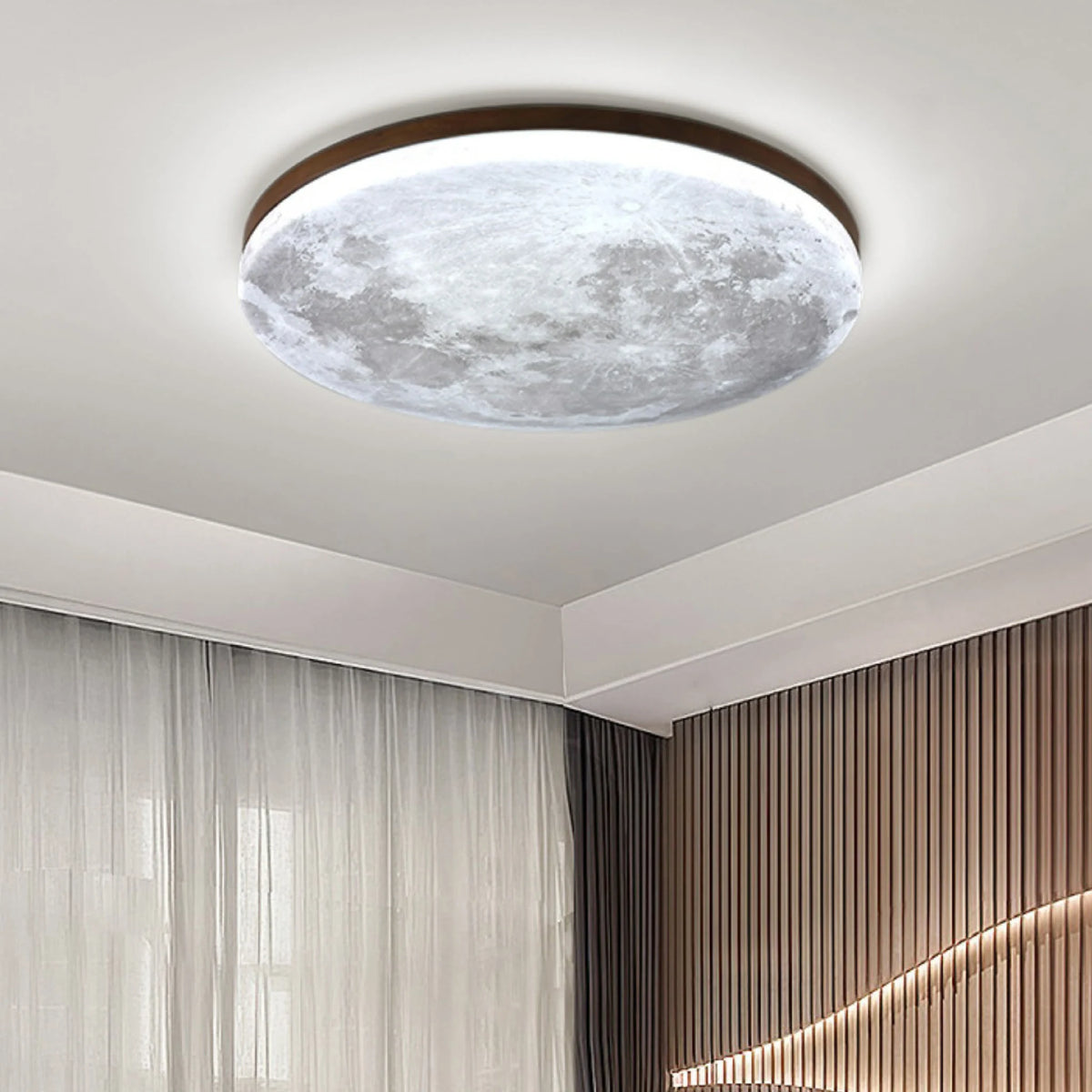 Moon flush ceiling light with a wood-effect rim, dark wood effect, cool white