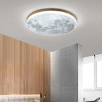 Moon flush ceiling light with a wood-effect rim, in cool white
