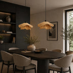 Wavy natural fibre pendant light, a pair above a dining table