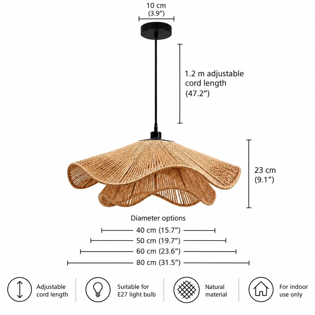 Wavy natural fibre pendant light, with measurements