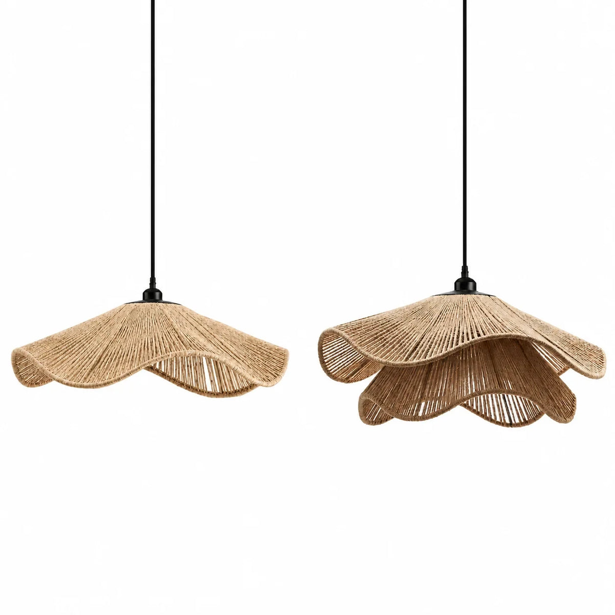 Wavy natural fibre pendant light, a pair