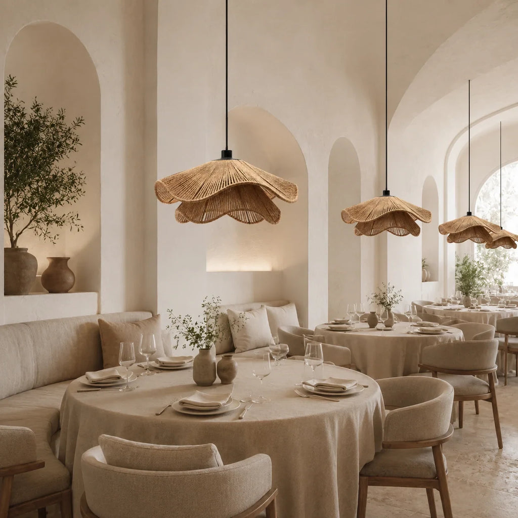 Wavy natural fibre pendant light, above dining tables
