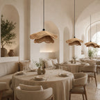 Wavy natural fibre pendant light, above dining tables