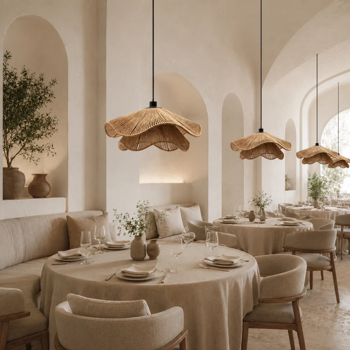Wavy natural fibre pendant light, above dining tables