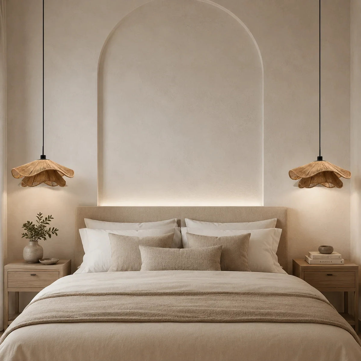 Wavy natural fibre pendant light, a pair beside a bed