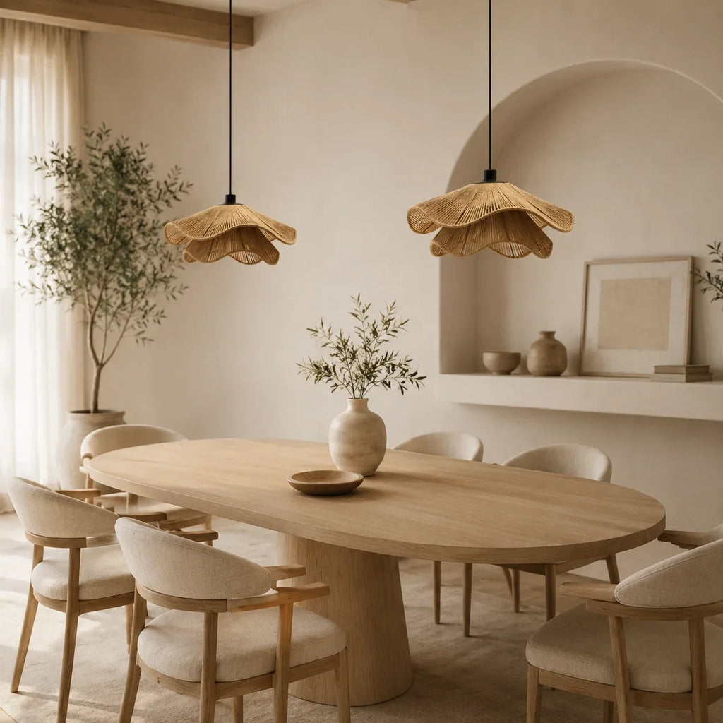 Wavy natural fibre pendant light, above a dining table