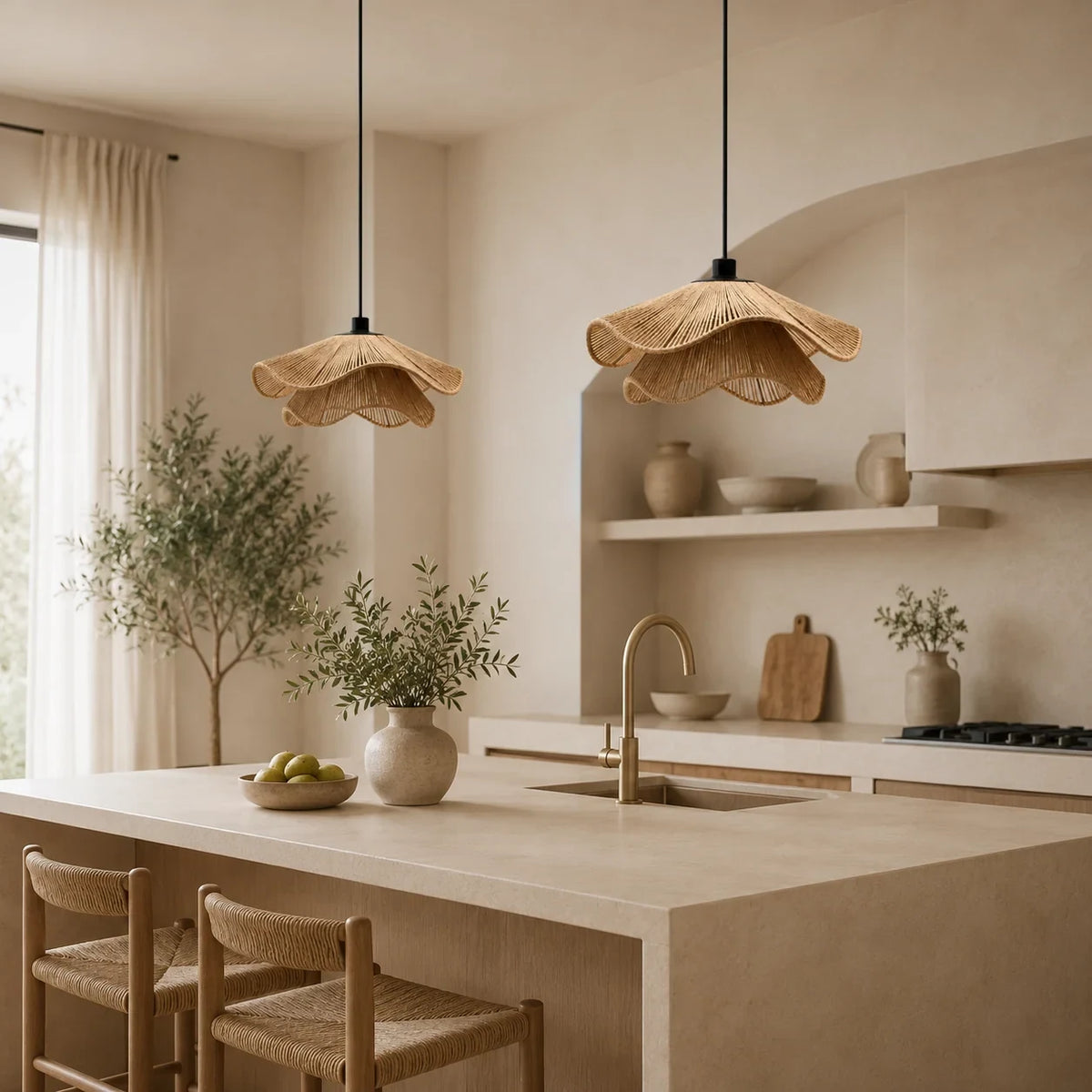 Wavy natural fibre pendant light, above a kitchen island