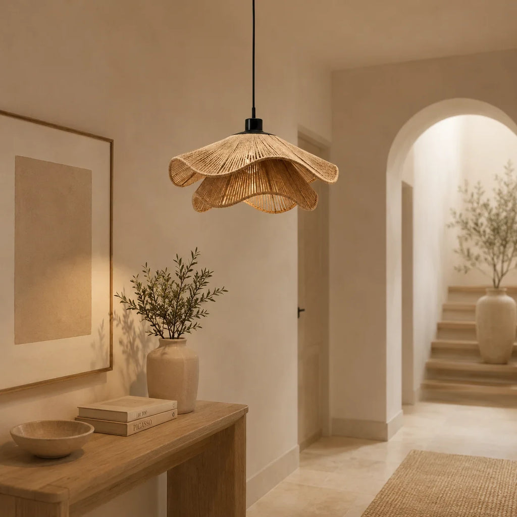 Wavy natural fibre pendant light, in a hallway