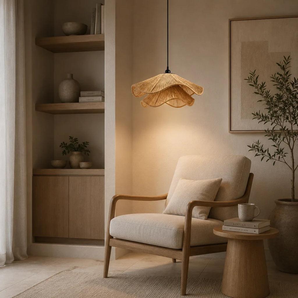 Wavy natural fibre pendant light, beside an armchair