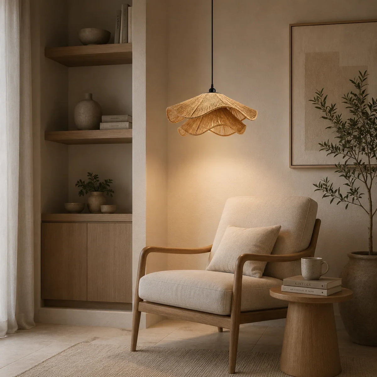 Wavy natural fibre pendant light, beside an armchair