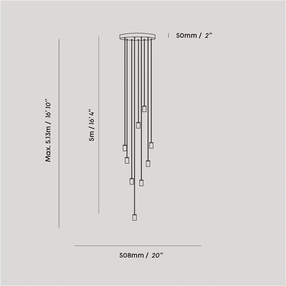 Nine-drop cluster pendant, dimension drawing