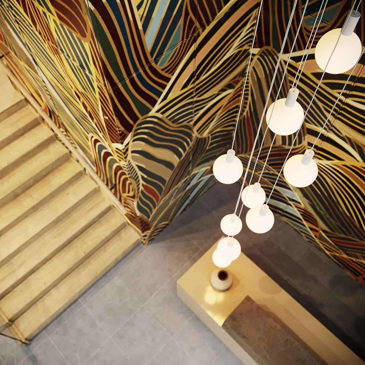 Nine-drop cluster pendant with opal globe bulbs, chalk, seen from above a staircase