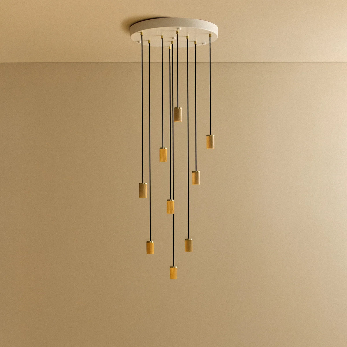 Nine-drop cluster pendant, oak, unlit, no bulbs, on a round canopy