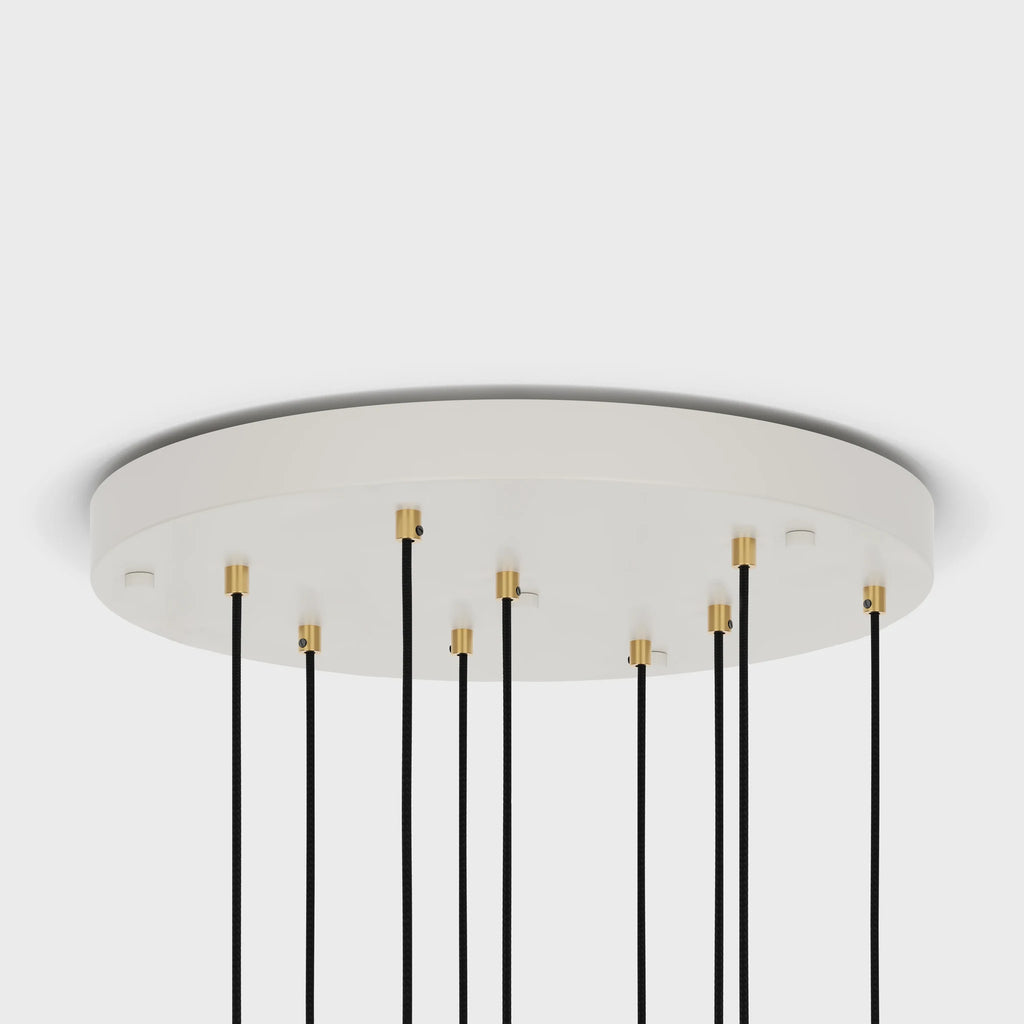 Nine-Drop Cluster Pendant, opal globe bulbs, oak, underside of the canopy showing nine cables