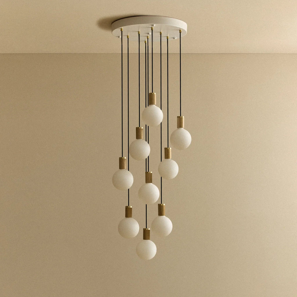 Nine-Drop Cluster Pendant, opal globe bulbs, oak, unlit