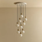 Nine-Drop Cluster Pendant, opal globe bulbs, oak, unlit