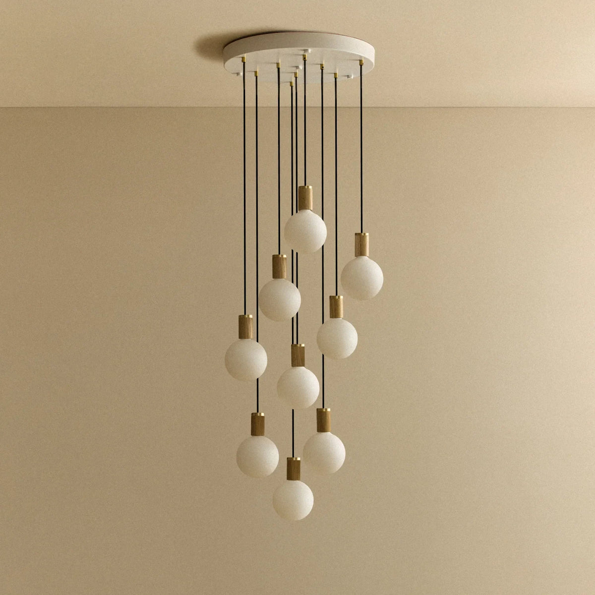 Nine-Drop Cluster Pendant, opal globe bulbs, oak, unlit