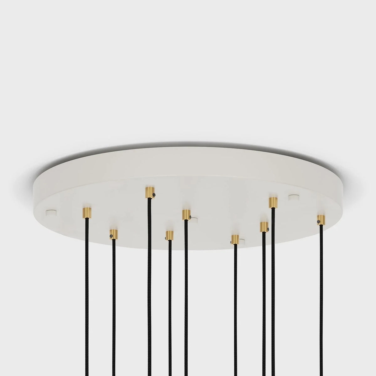 Nine-Drop Cluster Pendant, opal globe bulbs, walnut, underside of the canopy showing nine cables