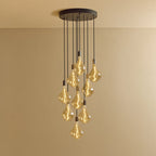 Nine-Drop Cluster Pendant, tinted sculptural bulbs, graphite, lit, nine bulbs at staggered heights