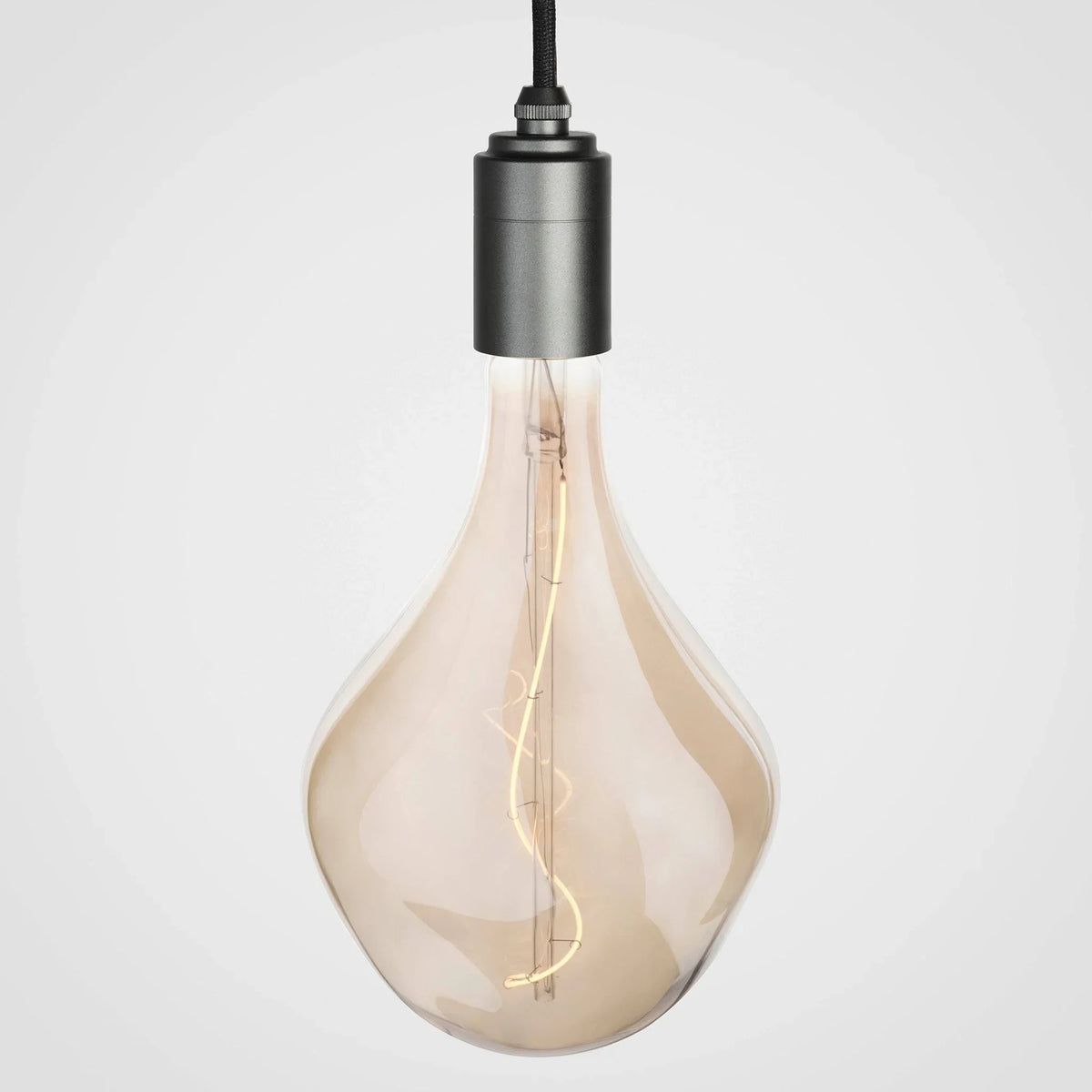 Nine-Drop Cluster Pendant, tinted sculptural bulbs, graphite, one lit tinted bulb on a graphite holder