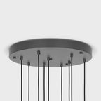 Nine-Drop Cluster Pendant, tinted sculptural bulbs, graphite, underside of the canopy showing nine cables
