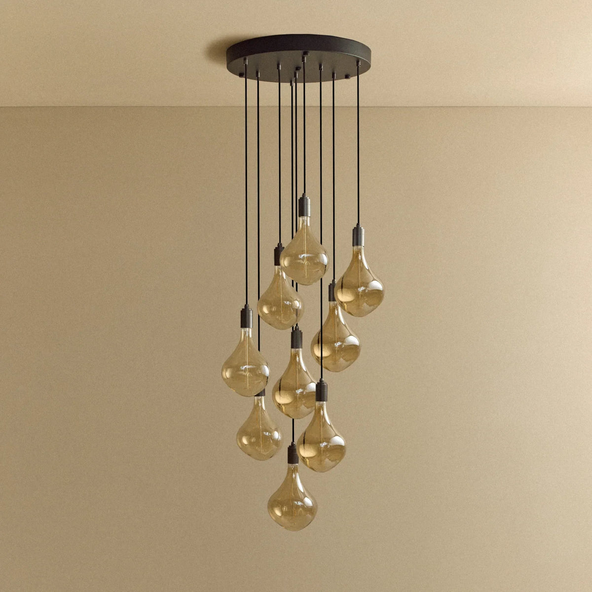 Nine-Drop Cluster Pendant, tinted sculptural bulbs, graphite, unlit
