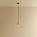 Oak cylinder pendant with filament LED bulb, against a plain wall